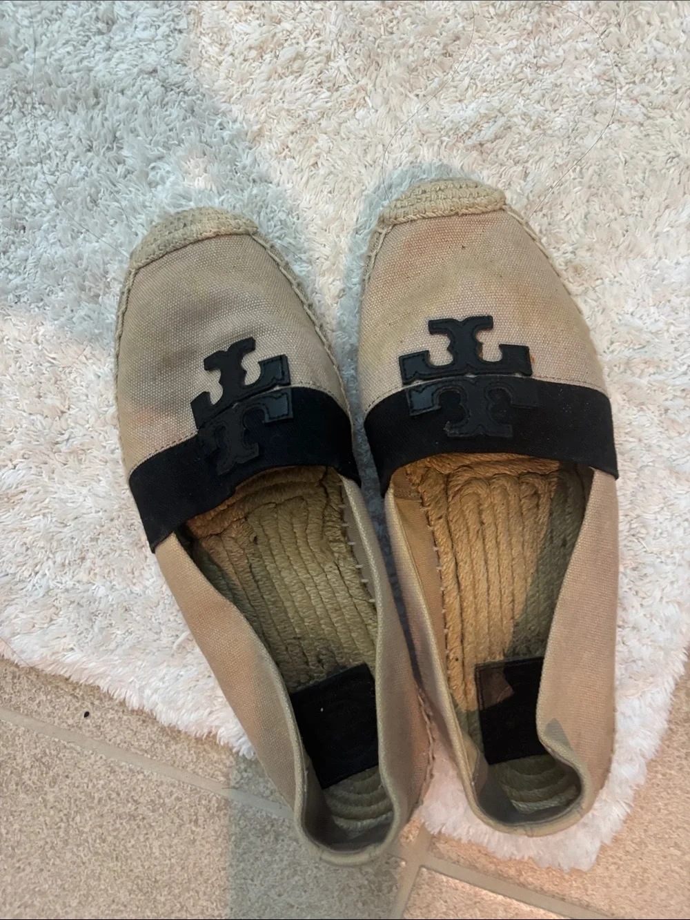 Tory Burch Tan Canvas Espadrille Flats with Black Logo Band